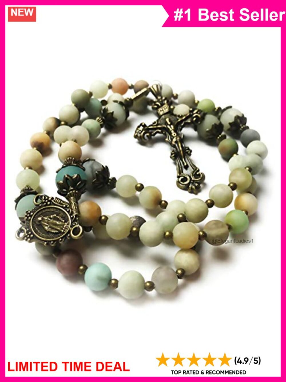 Genuine Amazonite Stone Rosary Beads Miraculous Medal Catholic Prayer Necklace